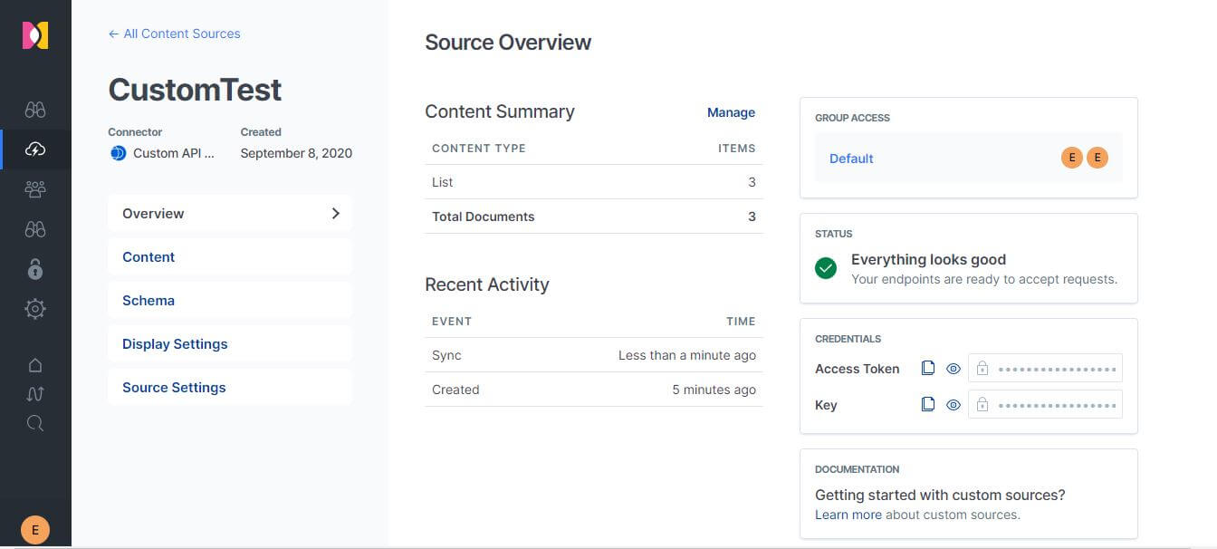 Elastic Workplace Search Custom API Source creation interface