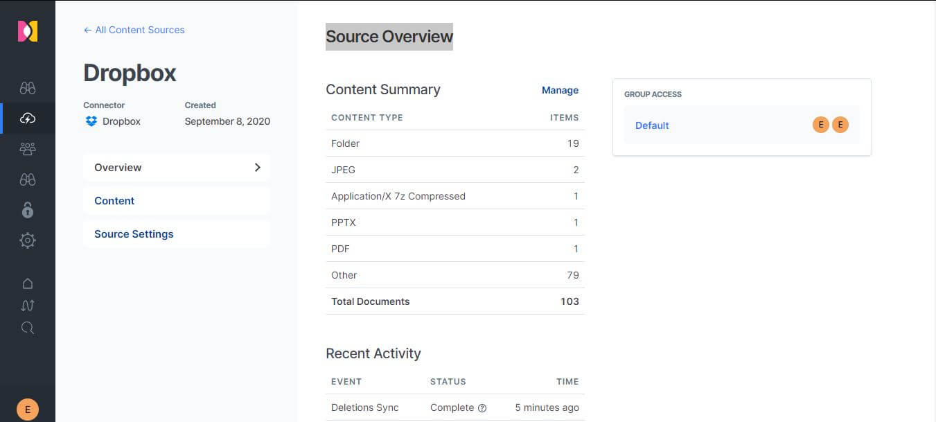 Elastic Workplace Search Source Overview showing connected data sources like Dropbox