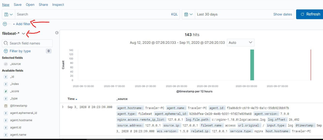 Kibana Discover 介面顯示資料與篩選器
