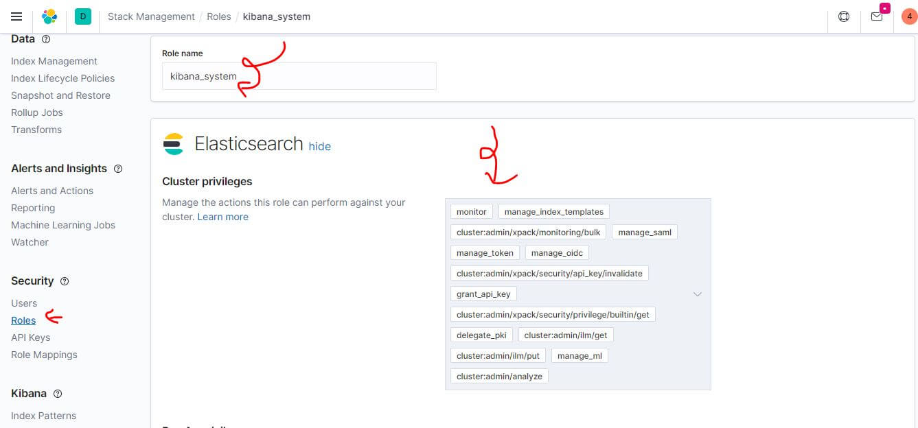 Kibana Security Privileges page showing user and role management interface
