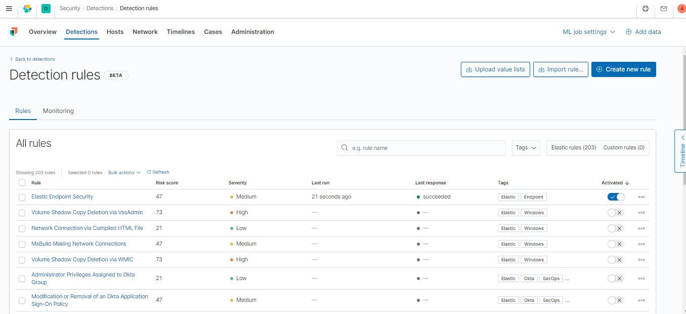 Kibana Security page for adding detection rules