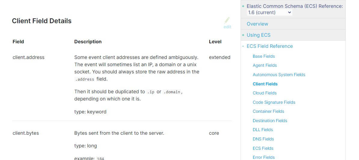 Kibana screenshot showing ECS fields for client data