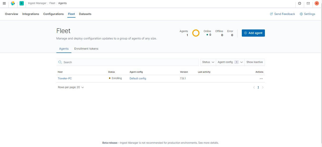 Kibana Fleet Manager showing an online elastic-agent