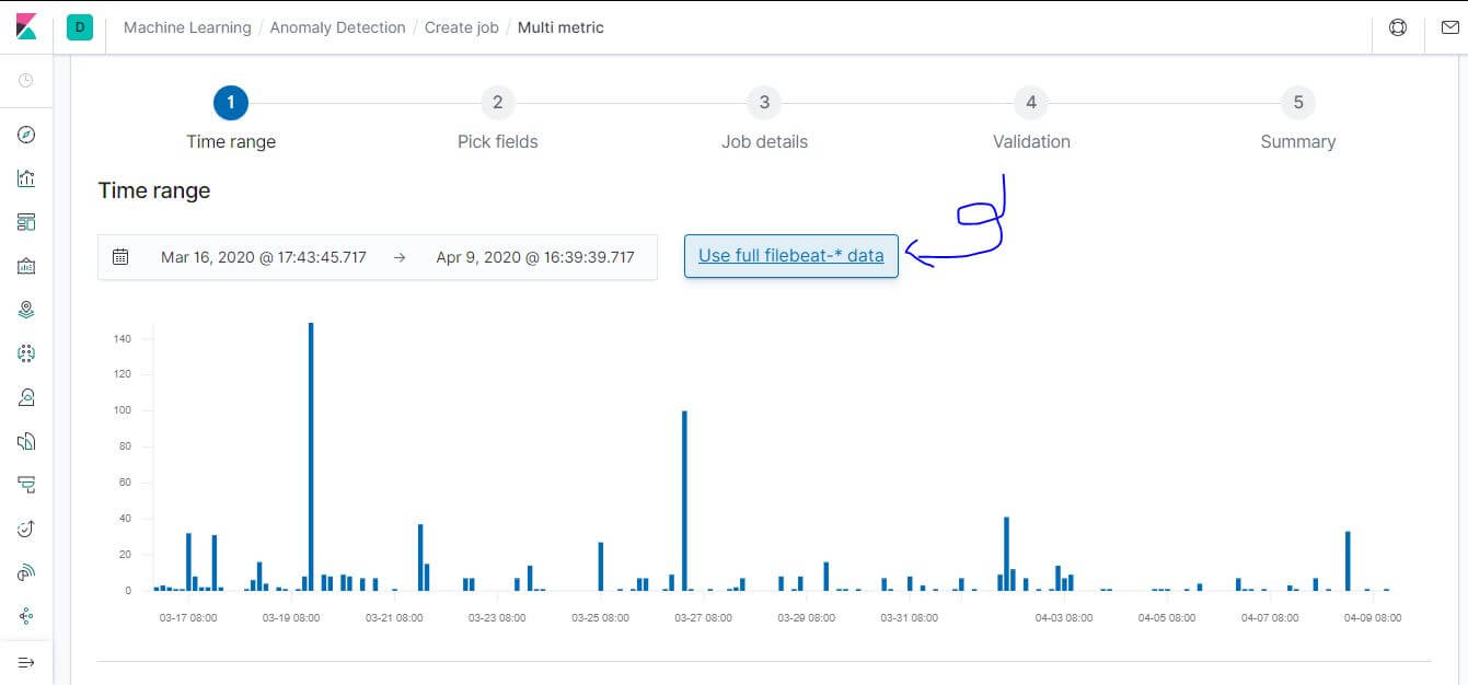 Kibana Machine Learning Job 建立介面截圖：選擇時間區間