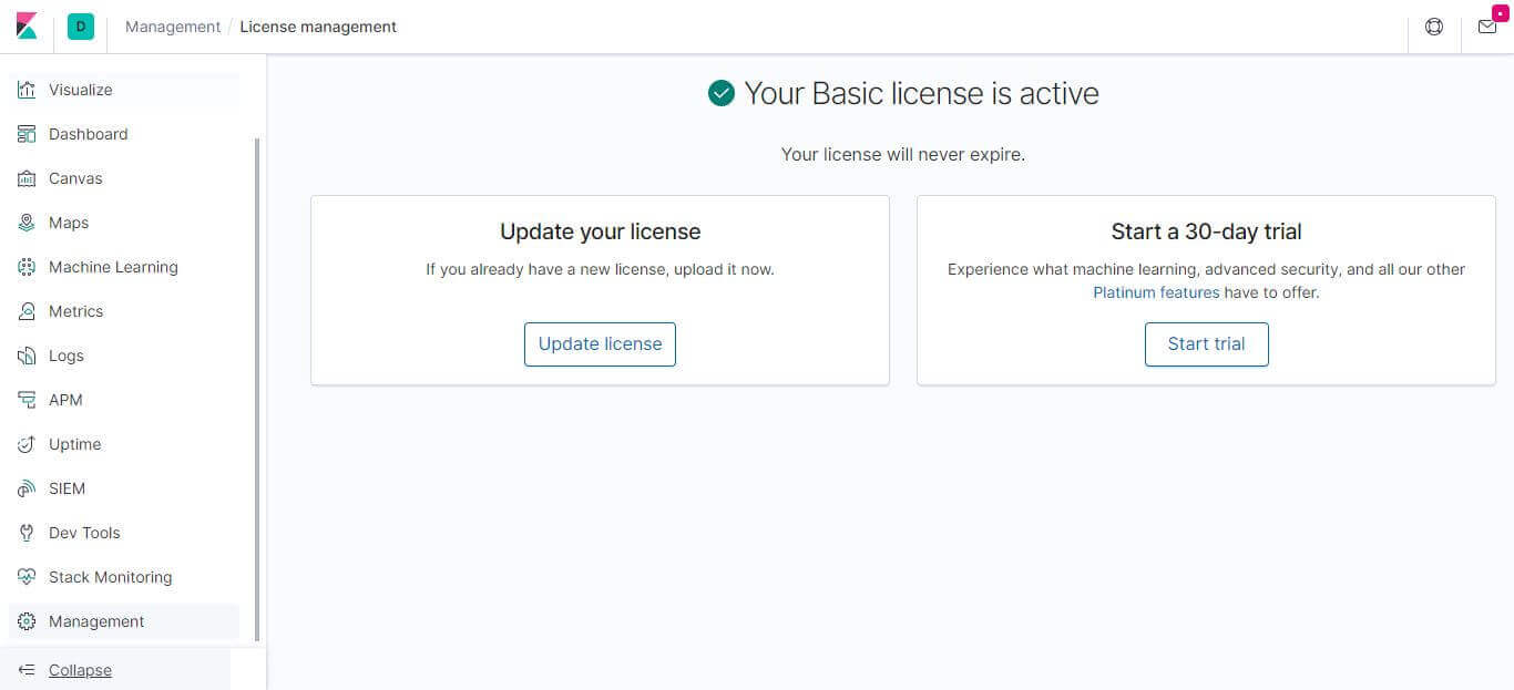 Kibana License Management 啟用 30 天試用