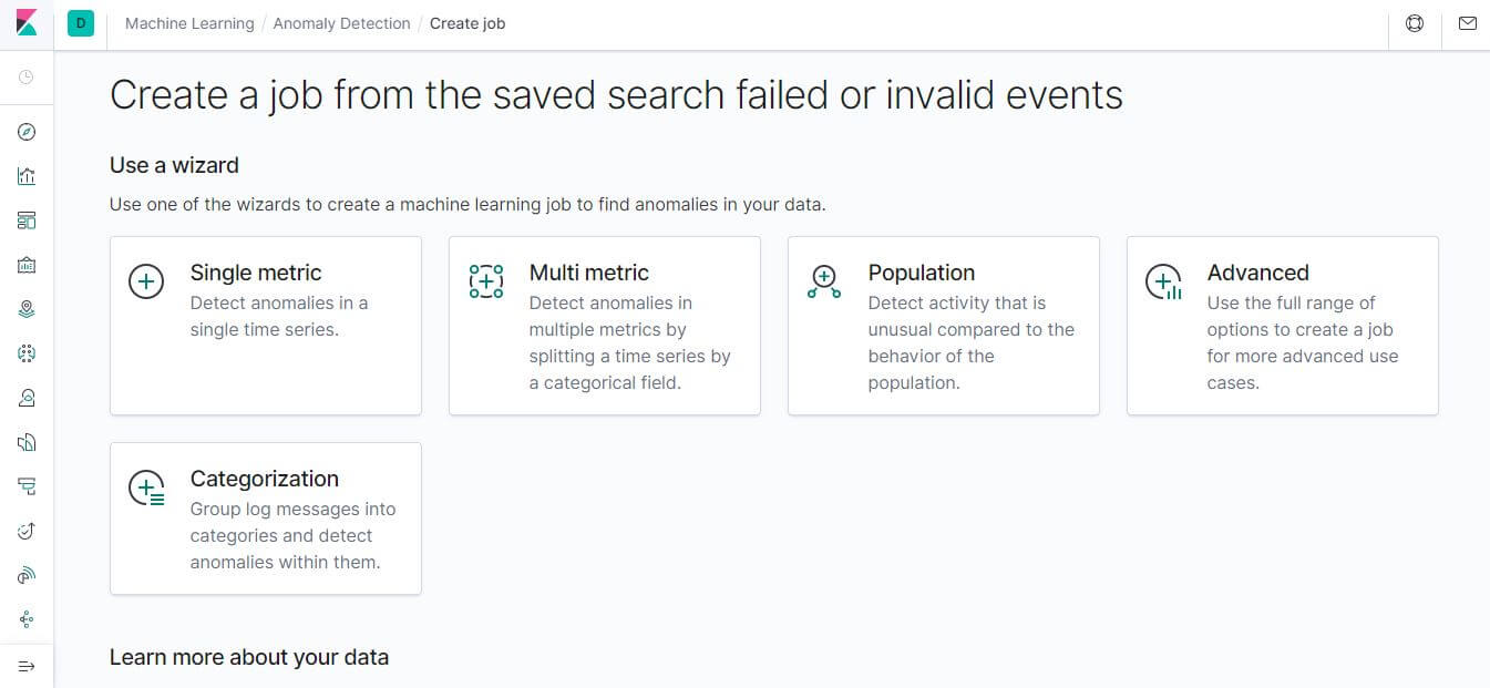 Kibana Machine Learning Job 建立介面截圖：選擇 Single 或 Multi Metric Wizard