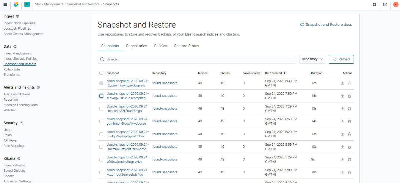 Kibana 中自動製作的快照列表