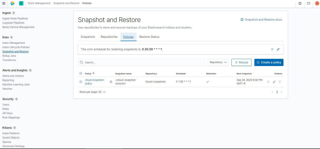 Kibana 中的快照 Policy 管理介面
