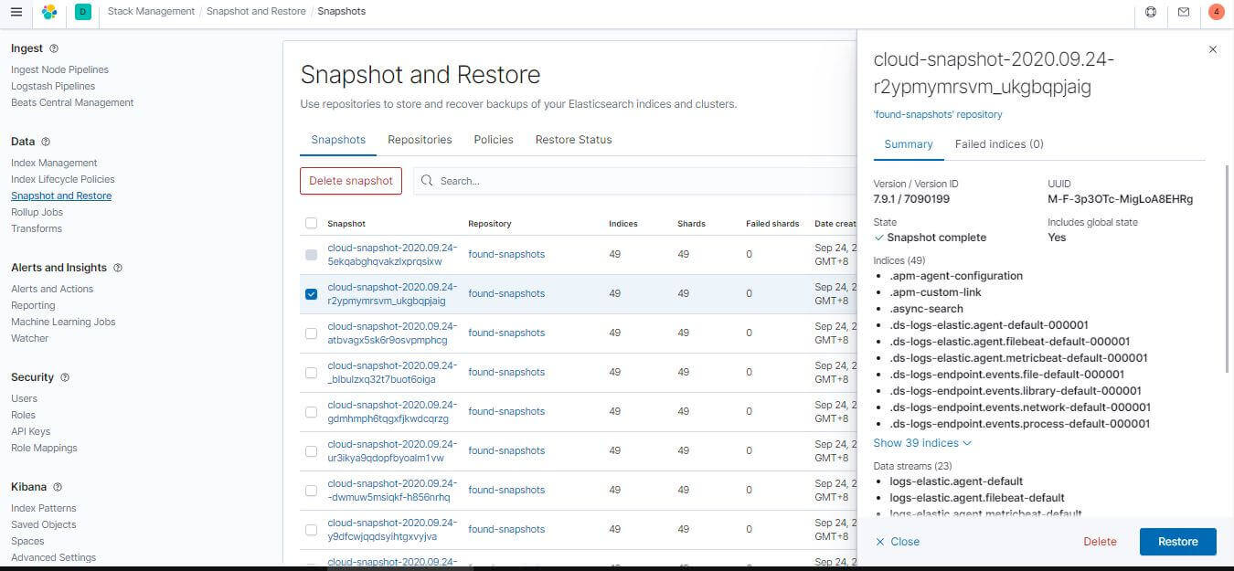 從 Elastic Cloud 快照恢復資料