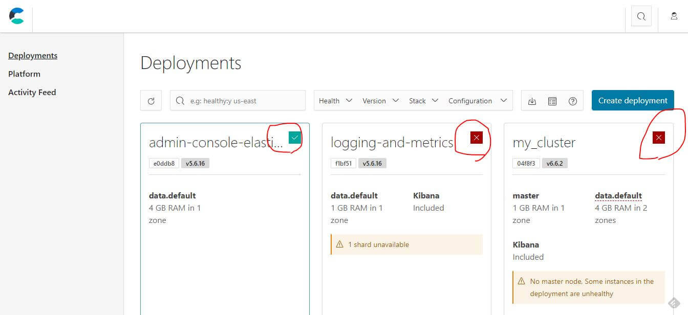 ECE 部署健康狀態顯示：正常、警告、紅色不正常