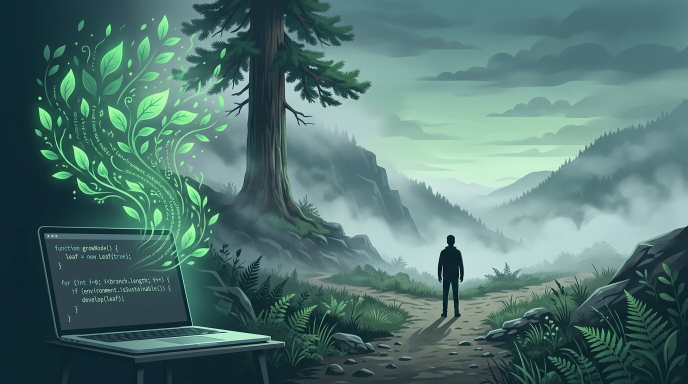 工程師在迷霧斜坡上面對一棵堅韌的紅杉木,象徵用榮格個體化在 AI 時代進行職涯轉型